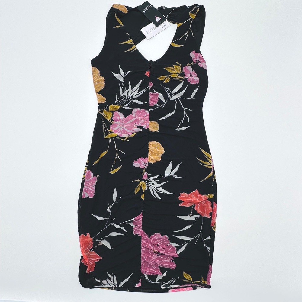 GUESS Womens Gabriella Black Floral Mesh Ruched Bodycon Tie Back Dress Resort - Picture 8 of 12